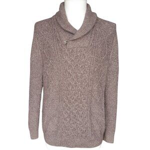 Wind River Heritage SZ M Aran Fishermen's Weave Shawl Collar Brown Sweater